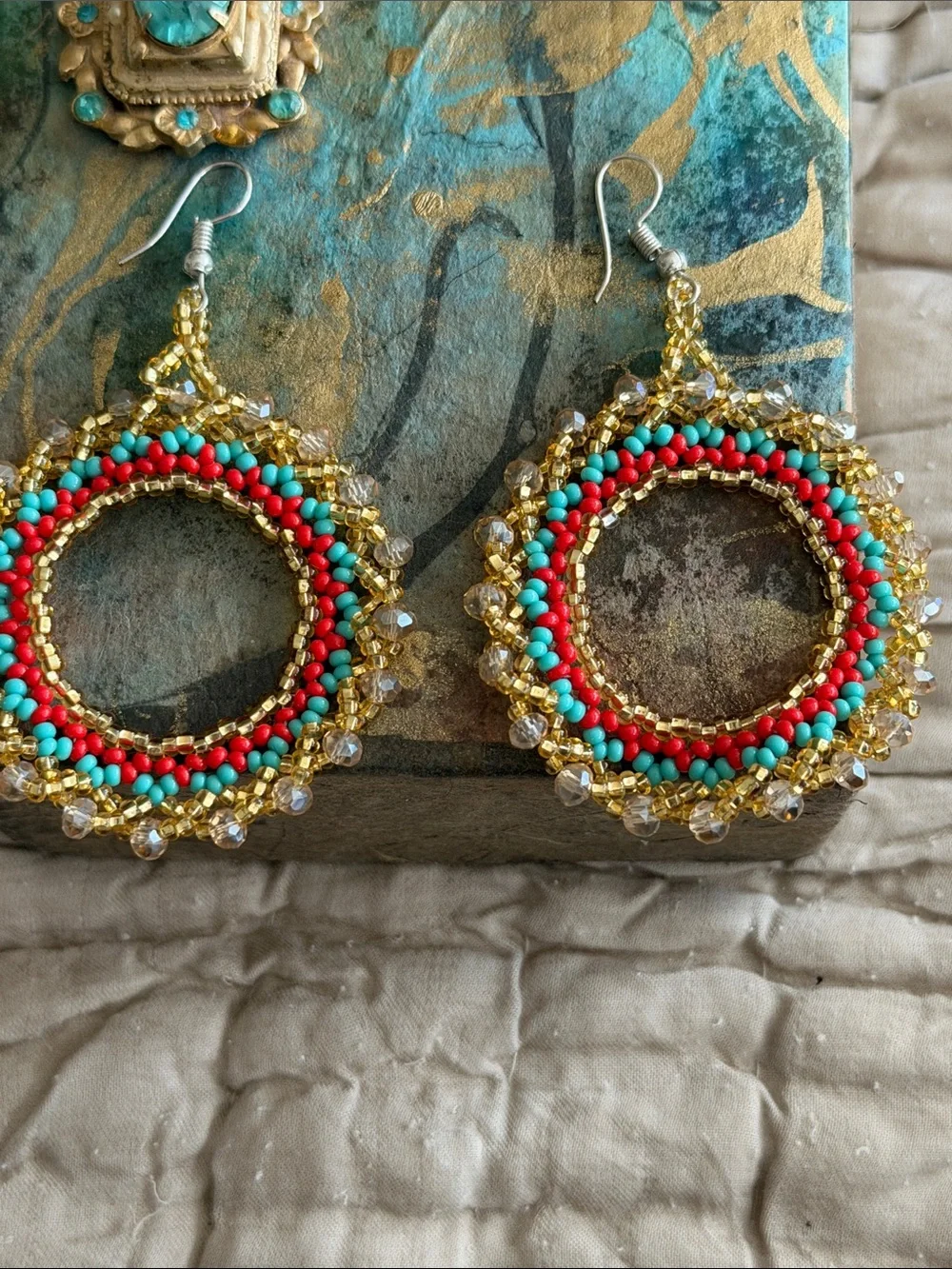 Pierced earrings crochet hoops turquoise gold coral colored seed beads